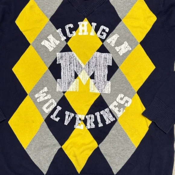 Michigan University Medium V-Neck Sweater Argyle Diamond Navy Blue Maze Gray - Picture 5 of 7